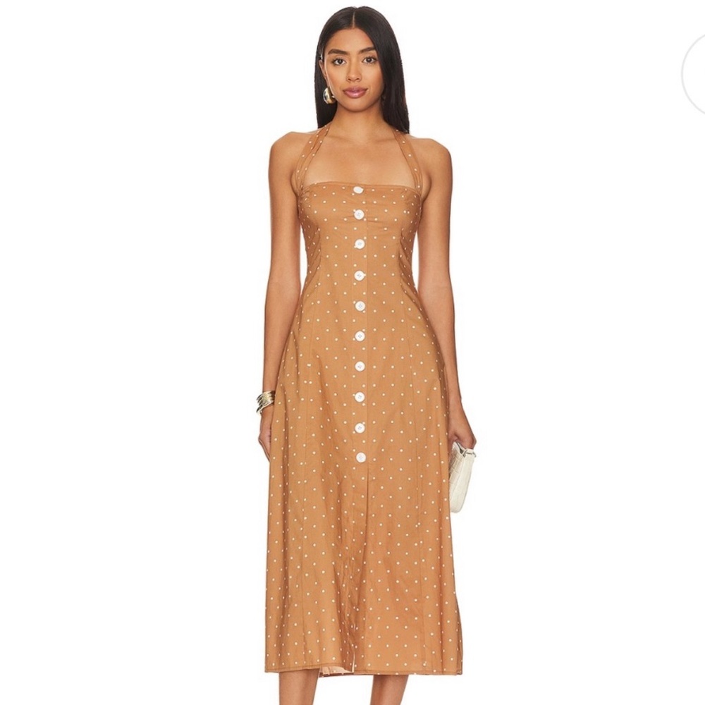 Halter Button Up Midi Dress in Micro Polka Biscotti Multi | WeWoreWhat| size 8